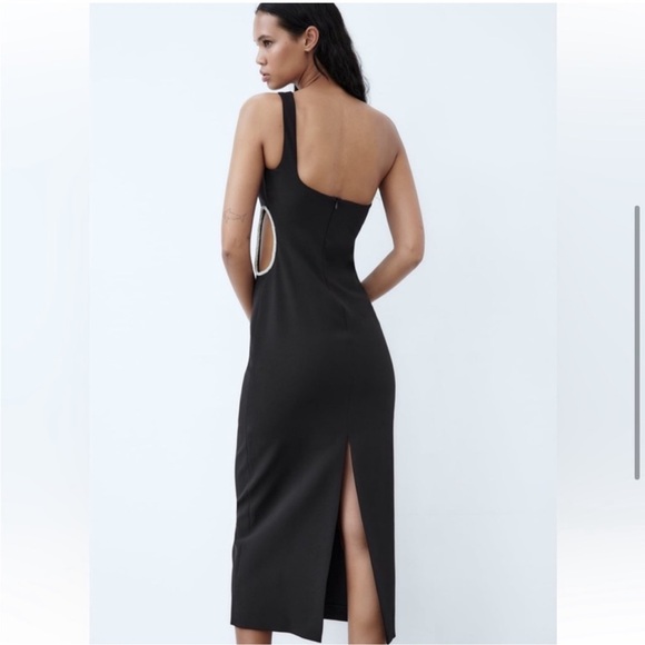 Size M or XXL | Zara | Asymmetrical Rhinestone Cut-Out Midi Dress One-Shoulder - Picture 8 of 12